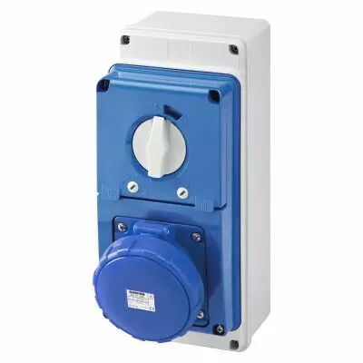 Prises verticales �tanches avec interrupteur de verrouillage 50/60hz avec fond et socle porte fusible (IEC309) (IP67)2p+t 63a 23