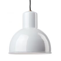 Suspension émaillée ronde blanche E27 diam 25 cm avec cable en tissu noir et blanc 1,5m (100056)