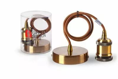 Suspension m�tal antique avec c�ble textile marron de 1m et douille filet�e E27