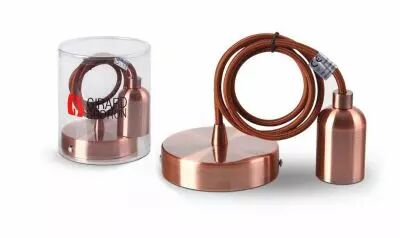 Suspension m�tal cuivre avec c�ble textile marron 1m et  douille lisse E27