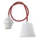 Suspension plastique Blanche avec cble textile rouge de 1m et douille E27 blanche filete avec Bague