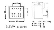 Transformateur moule 3.8va 2 x 7.5v / 2 x 0.254a (2070038M)